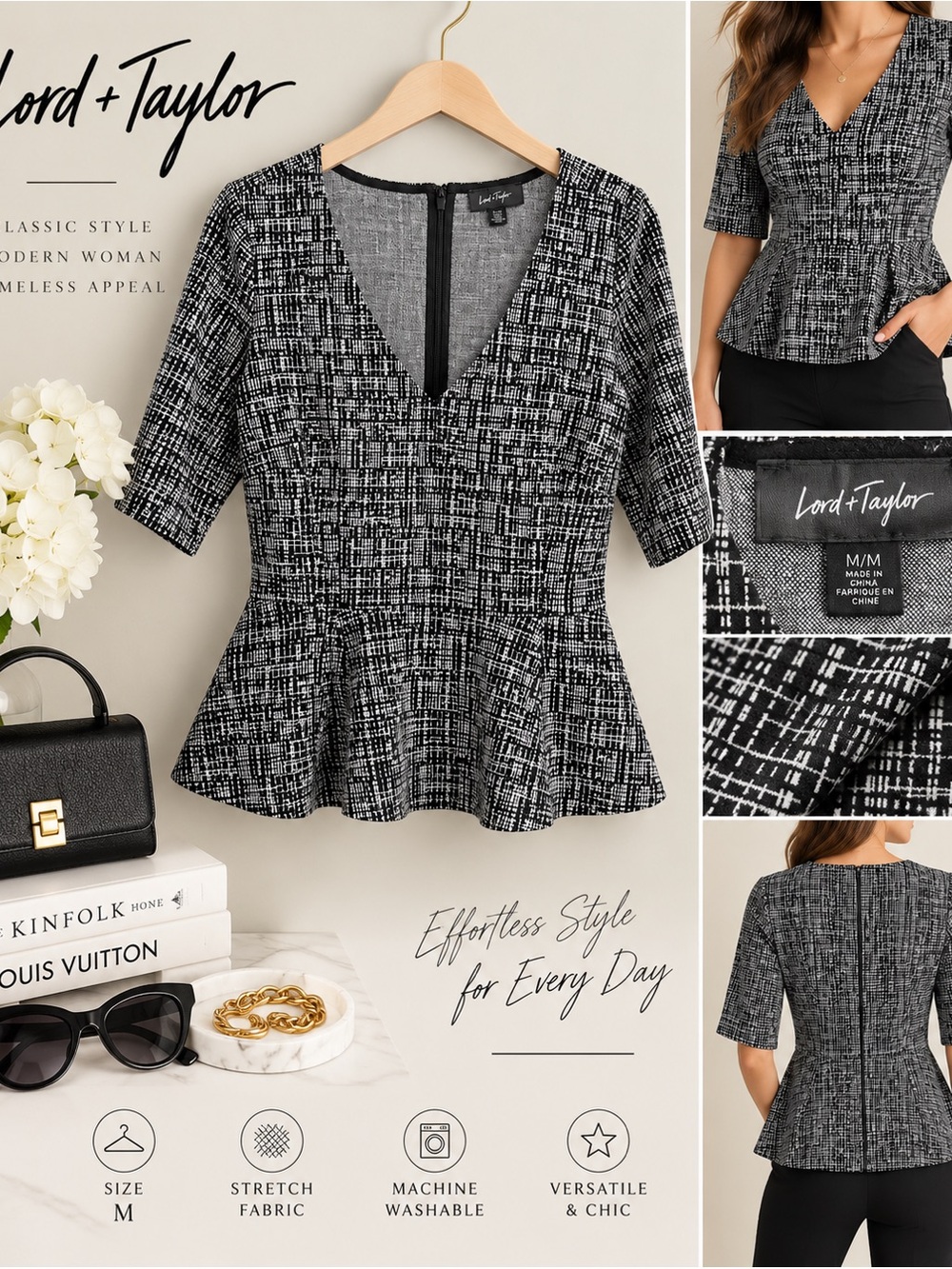 Lord & Taylor Black White Plaid Peplum V-Neck Top Size M